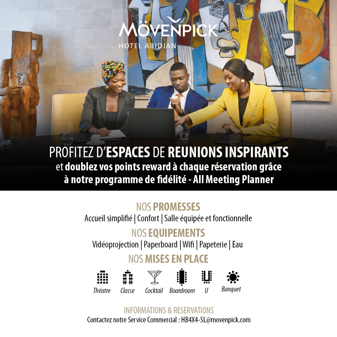 MovenpickAbj's tweet photo. Vous êtes à la recherche de salles de réunion ? 
Contactez le Mövenpick Hotel Abidjan au 2720232023 https://t.co/qZjo9Ep1fg