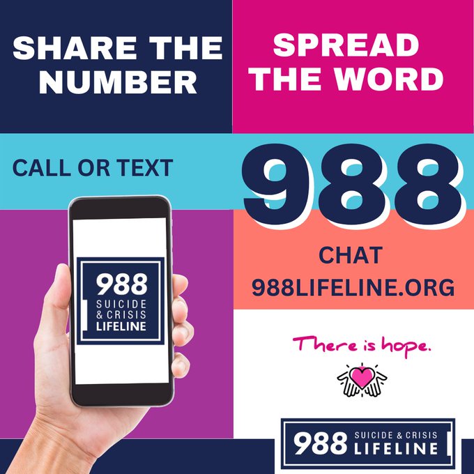 RT @samhsagov
Add (988) to your phone now—it could save a life later. Trained crisis counselors are available to talk 24/7/365.  #MentalHealthMonth #MHAM23 #988LifelineShare the number. Spread the word. Add the@988Lifeline