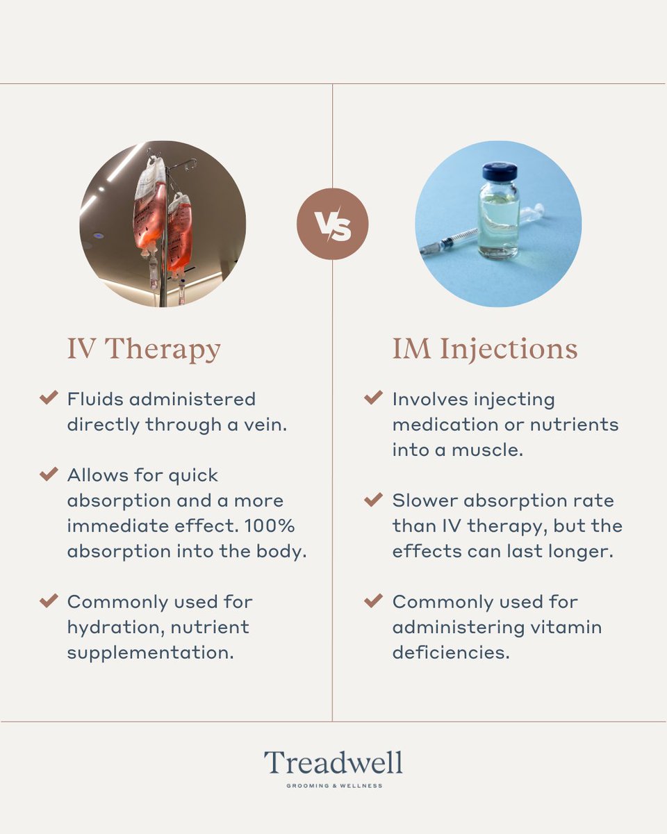 IV Drips or IM Injections? Which one is right for you? Let's break down the differences and benefits of each therapy option. Visit Treadwell to learn more about our customized IV Drip and IM Injection options.

#ivtherapy #ivdrip #ivdrips #ivdriptherapy #injections #treadwell