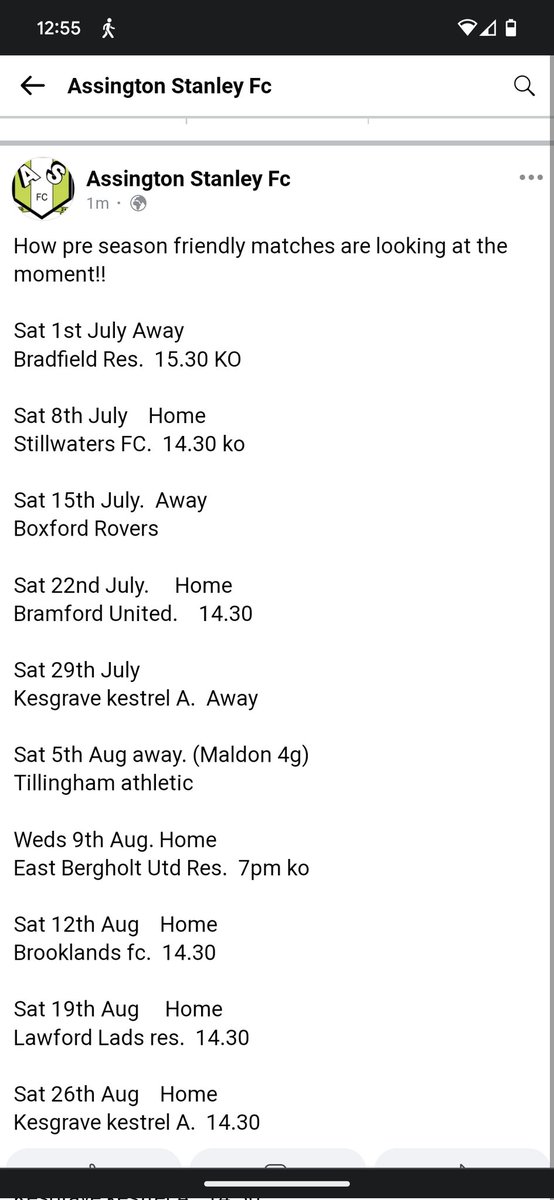 assington_fc's tweet photo. How our pre season fixtures are at the moment as we build for the new @ESBLfootie season https://t.co/cxwZ4120qD