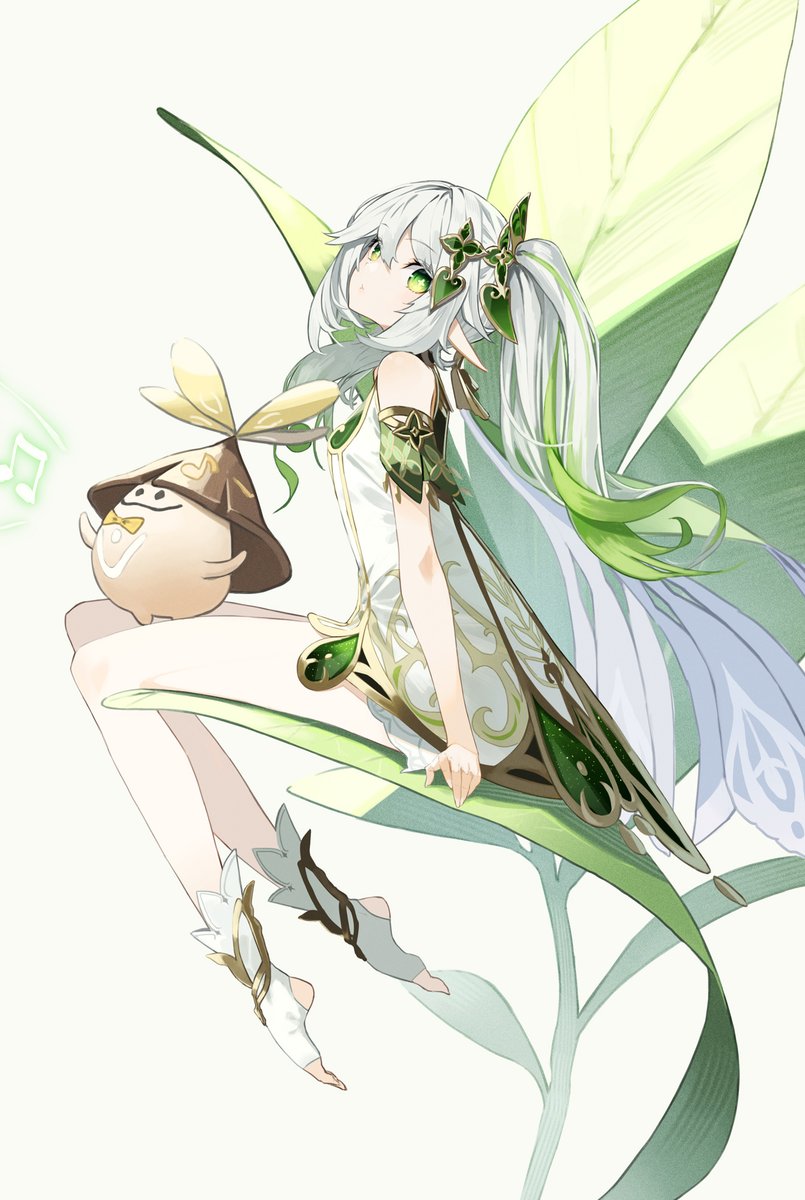 nahida (genshin impact) 1girl green eyes pointy ears long hair dress white hair white dress  illustration images