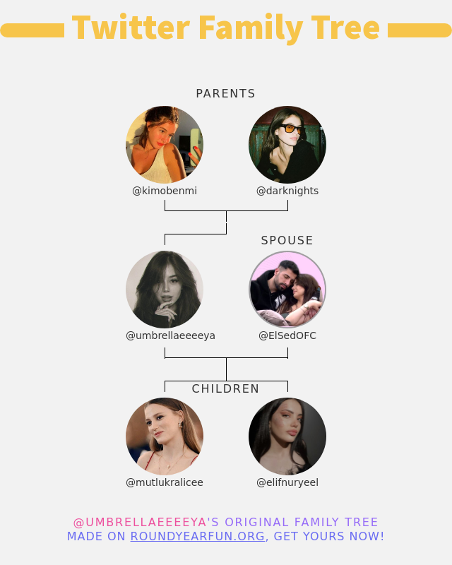 umbrellaeeeeya's tweet photo. 👨‍👩‍👧‍👦 My Twitter Family:
👫 Parents: @kimobenmi @darknights
👰 Spouse: @ElSedOFC
👶 Children: @mutlukralicee @elifnuryeel

➡️ https://t.co/8NBeZC3gzb https://t.co/ceZ4usMva0