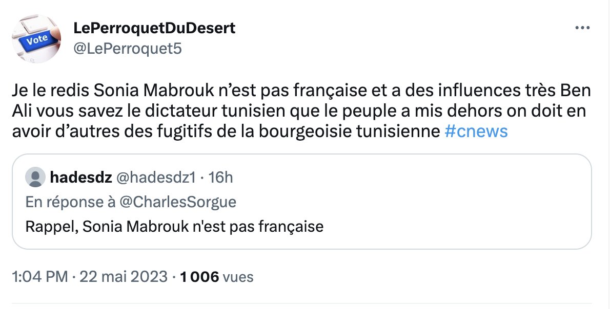 C'est honteux ce qu'on peut lire sur Twitter sur Sonia Mabrouk, après sont passage aux <a href="/EveilleursE/">Les Eveilleurs</a> pour une conférence sur l'âme Française. 

On se demande bien où est le vrai racisme.