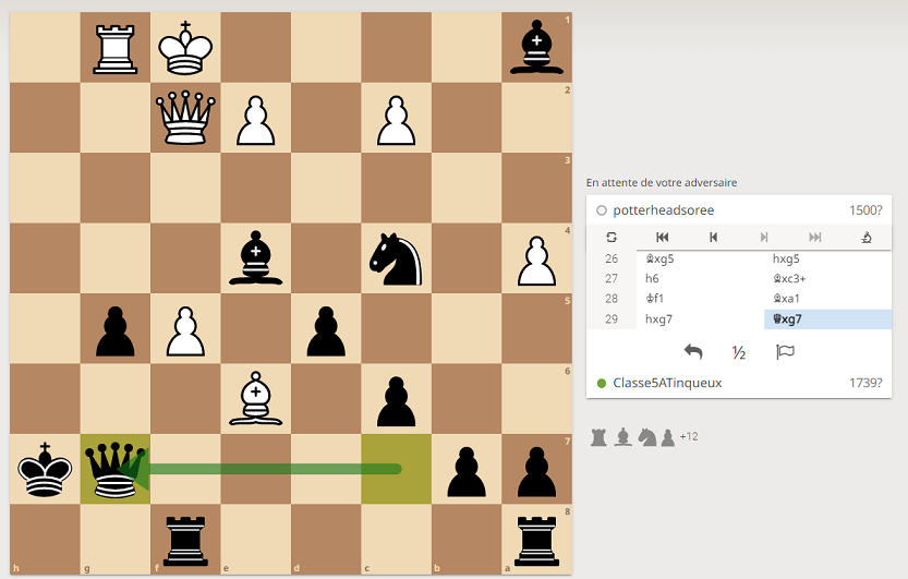 Bonjour <a href="/potterheadsoree/">Catherine Chotard</a> , tout va bien après ce long weekend ?
Nous jouons Dame prend le pion en g7.
#Quotichess