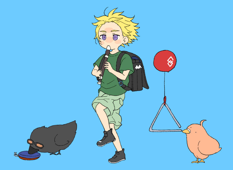 backpack blonde hair shirt 1boy bag balloon shorts  illustration images