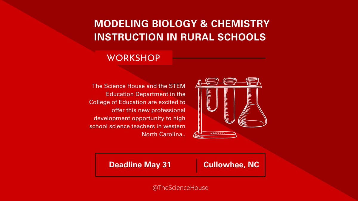 TheScienceHouse's tweet photo. 📆Deadline Approaching! Join @NCSUScienceHouse for our Modeling Biology &amp; Chemistry workshops! High school biology, chemistry &amp; physical science teachers are welcome to apply. 

➡️Learn more &amp; apply - https://t.co/wsjJKhToKt

#professionaldevelopment #NCState #modelingworkshop https://t.co/jl5vDl8Rol