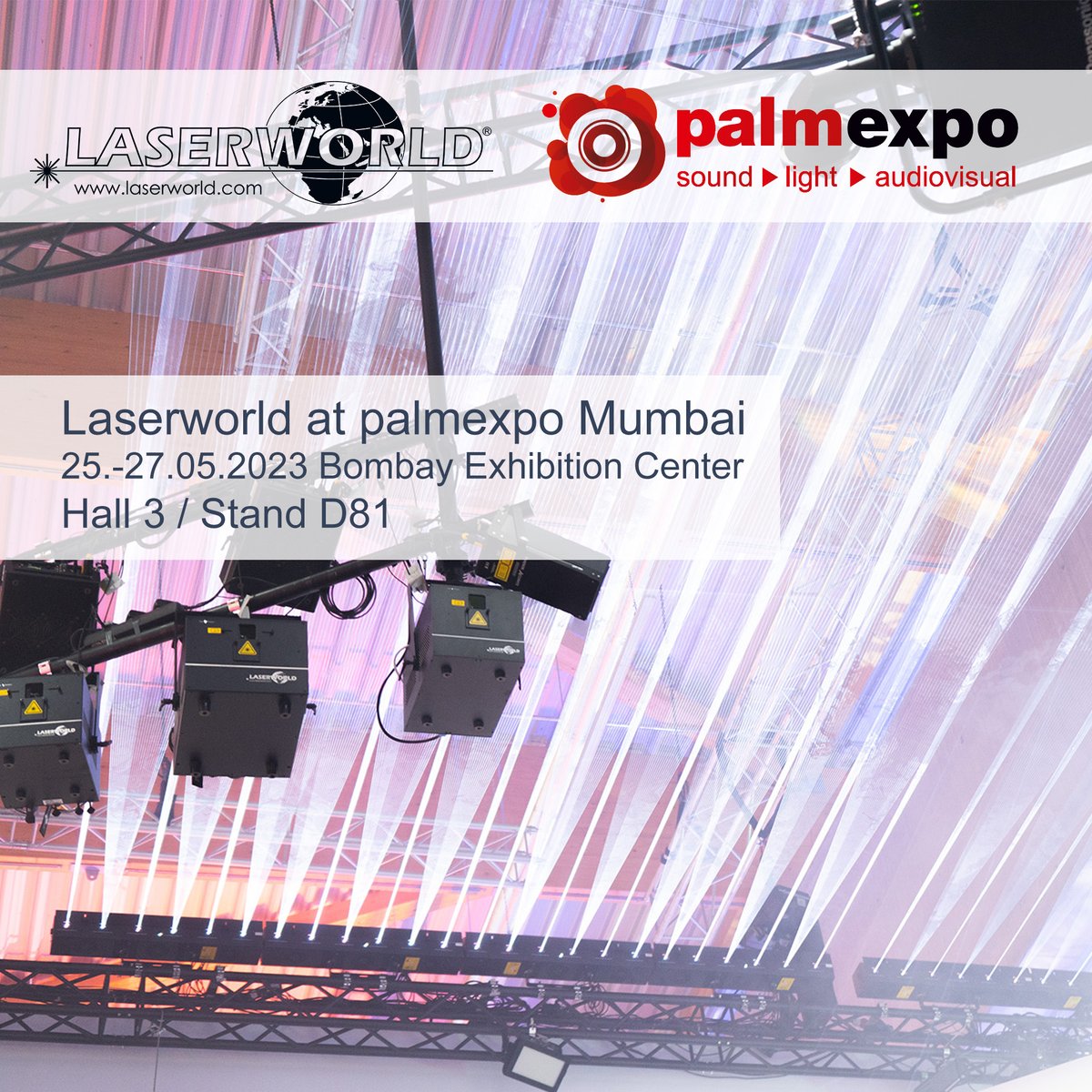 LaserworldAG's tweet photo. PALM Expo - INDIA is upcoming, and Laserworld will exhibit in Hall 3 at stand D81. Come visit us there!
https://t.co/HYilMJhfd1

#laserworld #palmexpo2023 #palmexpoindia  #palmindia #laser #lasershow #lasersoftware #showcontroller #shownet #lasercontrol #exhibition #india https://t.co/jiI9fQNIgZ