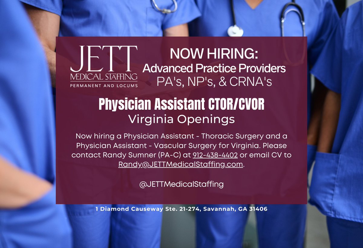 We are hiring two Physician Assistants for Virginia! 

Vascular Surgery: 1l.ink/M6SS22S
Thoracic Surgery: 1l.ink/TNJML8B

#PAOwnedStaffingAgency #PhysicianAssistant #Virginia #VAJobs #PhysicianAssistantJobs #JETTMedicalStaffing