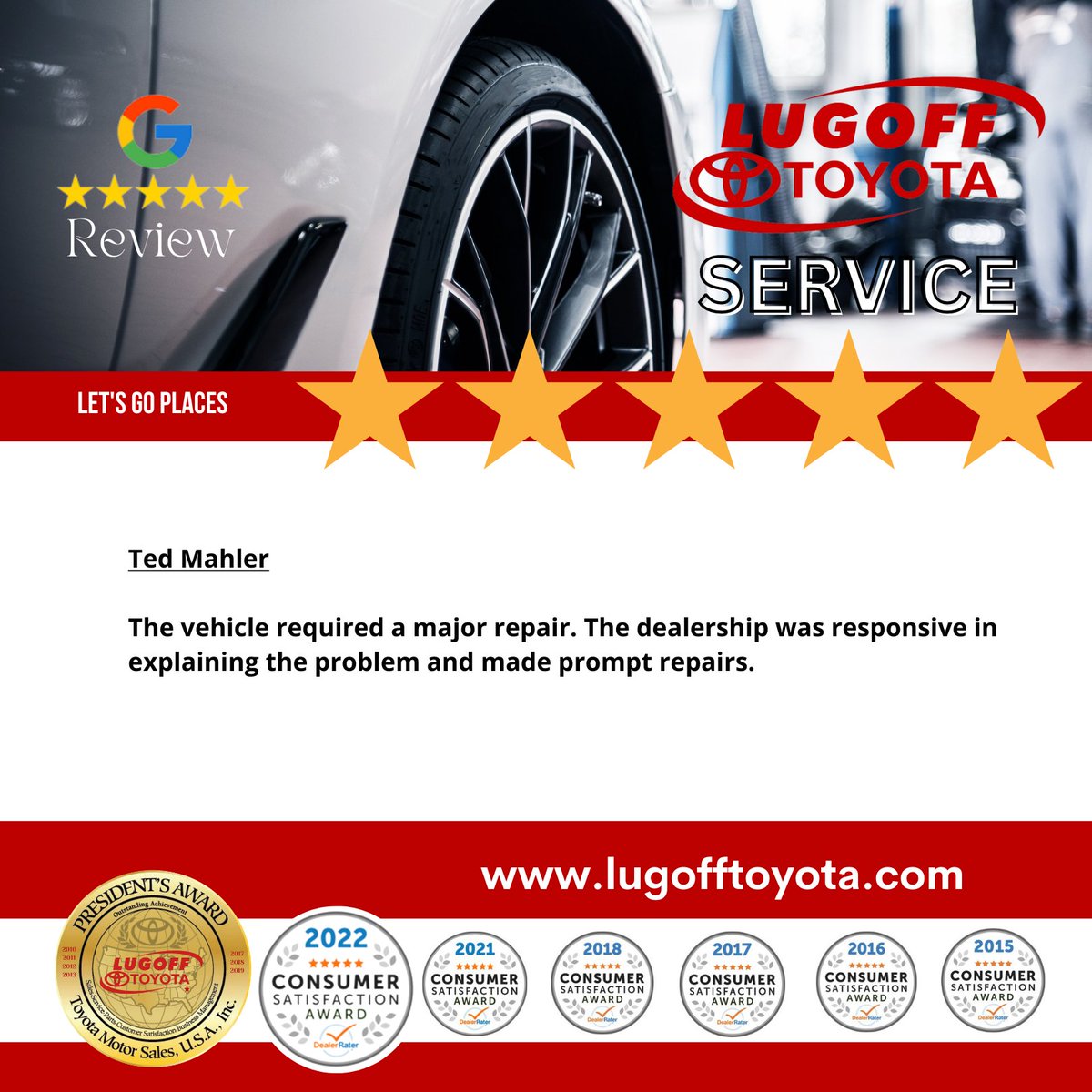 Ted our Service Department is thrilled to read your review! 

#fastfairfriendly #lugofftoyota #servicematters #toyotanation #columbiatoyota #toyotalife #toyotacare #toyotaclub #letsgoplaces #toyotalove #drivepure