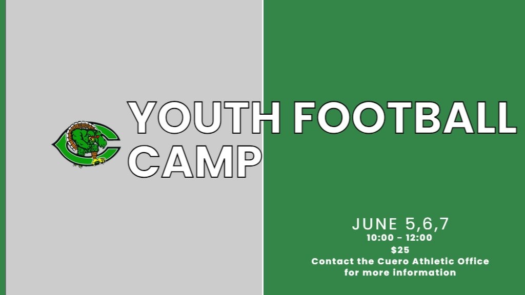 The Cuero Football staff will be conducting a Youth Football Camp June 5,6,7.  Sign up your kids entering 3-9 grade and let them be a part of the Gobbler Football tradition! #GoMeanGreen