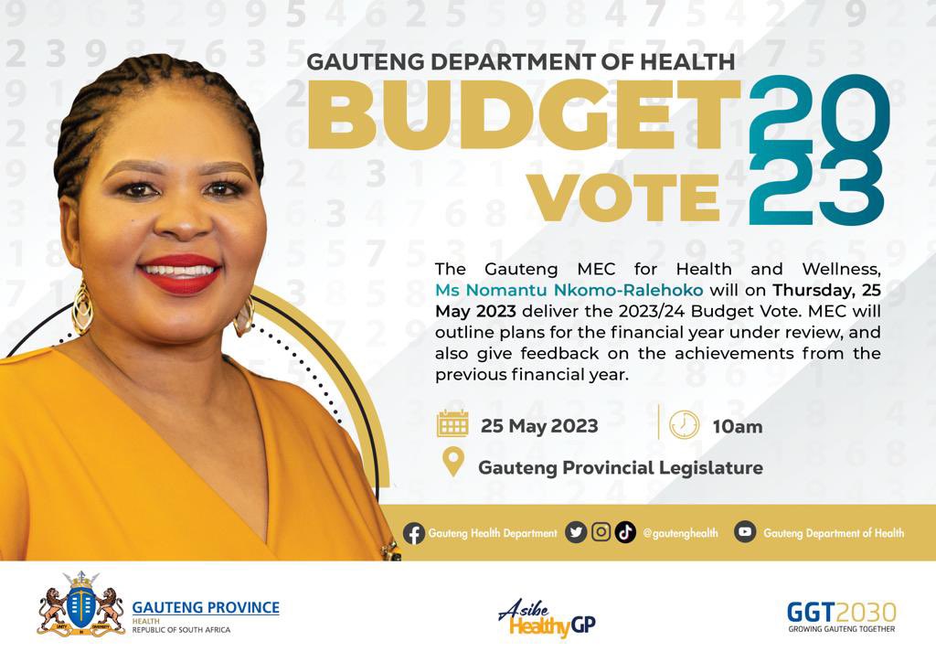 Healthjhb's tweet photo. MEC for Health & Wellness, Nomantu Nkomo-Ralehoko will this Thursday, 25 May 2023 deliver the 2023/2024 financial year Budget Vote for the Gauteng Department of Health. The event will take place virtually at the @GPLegislature
#GPHealthBudgetVote #GPBudgetVote23 #AsibeHealthyGP https://t.co/lW70R09xM0