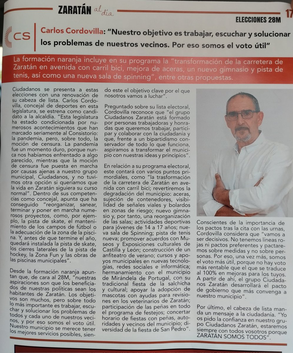 Nuestro candidato a la alcaldía de Zaratán, en la revista  Zaratán al día edición número 6, enfrentando con ilusión y compromiso este gran proyecto, por y para Zaratán y sus vecinos,  Zaratán somos todos!!