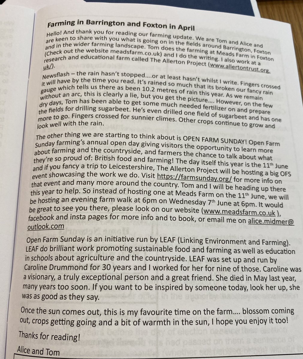 A shout out for @AllertonProject and @Meadsfarm @OpenFarmSunday events in May’s village newsletter update!

And for the mighty Caroline Drummond. A year on and goodness how I miss her. She will always be the voice on my shoulder, I hope she’s yours too 🫵 #whatwouldCDdo #bebetter
