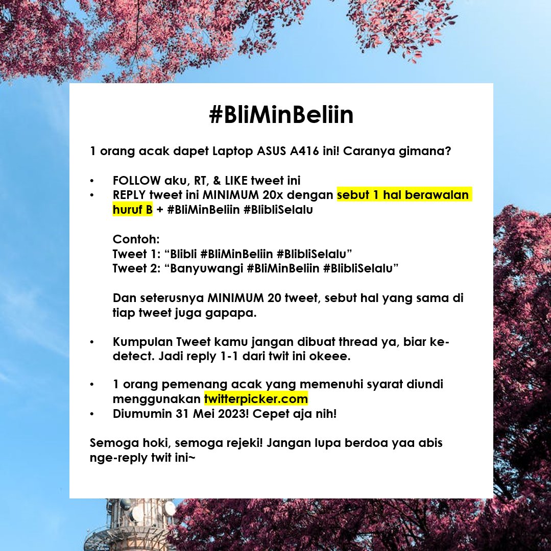 Mau #BliMinBeliin laptop ASUS ✨𝒈𝒓𝒂𝒕𝒊𝒔✨?

Cek gambar untuk caranya, good luck yaaa! Semoga rejeki kamu, reply yuk! 👇 

#BlibliSelalu <a href="/bliblidotcom/">Blibli</a> 🔥