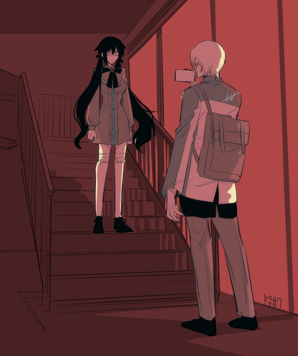 1girl 1boy bag stairs long hair black hair bandages  illustration images