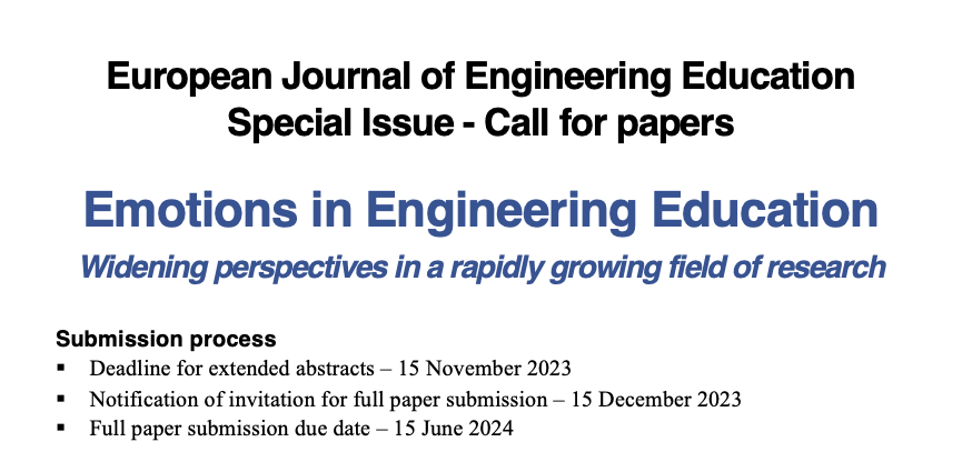 European Journal of Engineering Education (@ejee_editor) on Twitter photo Excited and happy to announce the Special Issue: 'Emotions in Engineering Education'
Guest Editors: Johanna Lönngren, @InesDireito, @jameshuffBPI, <a href="/kotluk_nihat/">Nihat Kotluk</a>, <a href="/khairiyahUTM/">Khairiyah</a>, Madeline Polmear, Roland Tormey, <a href="/Idalis_PR/">Dr. Idalis Villanueva Alarcón</a>
<a href="/SEFI_HQ/">SEFI HQ</a>
Call for Papers out now: bit.ly/422HCcO Excited and happy to announce the Special Issue: 'Emotions in Engineering Education'
Guest Editors: Johanna Lönngren, @InesDireito, @jameshuffBPI, <a href="/kotluk_nihat/">Nihat Kotluk</a>, <a href="/khairiyahUTM/">Khairiyah</a>, Madeline Polmear, Roland Tormey, <a href="/Idalis_PR/">Dr. Idalis Villanueva Alarcón</a>
<a href="/SEFI_HQ/">SEFI HQ</a>
Call for Papers out now: bit.ly/422HCcO