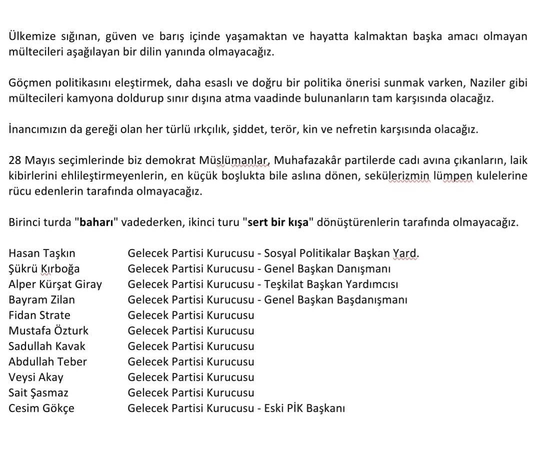 Aralarında Ahmet Davutoğlu'nun danışmanlarının da bulunduğu Gelecek Partisi kurucularından 11 isim bildiri yayınlayarak istifa etti.