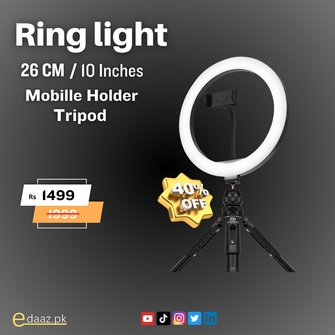 Ring light 
26 cm / 10
Mobile holder tripod
100 % Authentic

Price : 1499

#edaazpk #onlineshops #edaaz #handgrip #onlinestore