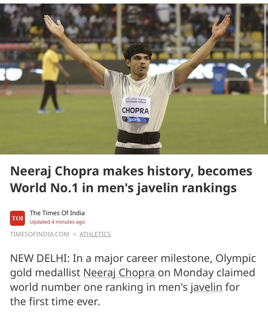 congratulations @Neeraj_chopra1 

मेकिंग इंडिया प्राउड 😍🇮🇳❤️

#worldsnumberone #neerajchopra #hindustankishaan #proud