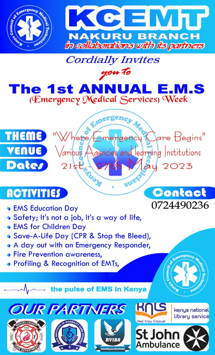 JohnBrodrick's tweet photo. Our 2023 INTERNATIONAL EMERGENCY MEDICAL SERVICES WEEK IN NAKURU ,DAY ONE WAS VERY SUCCESSFUL, BRAVO TO ALL WHO MADE THE DAY @MOH_Kenya @KCEMTKenya @StJohnKenya @WHO @NAEMT_ @KenyaGovernors @EMS_Kenya @Nakhumicha_S @kmpdu @KenyaHealthFed @Amref_Worldwide @EMKeFoundation https://t.co/b29XXQ4ndR