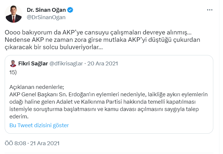 Sinan Oğan:
''AKP ne zaman zora girse mutlaka AKP’yi düştüğü çukurdan çıkaracak bir solcu buluveriyorlar.''