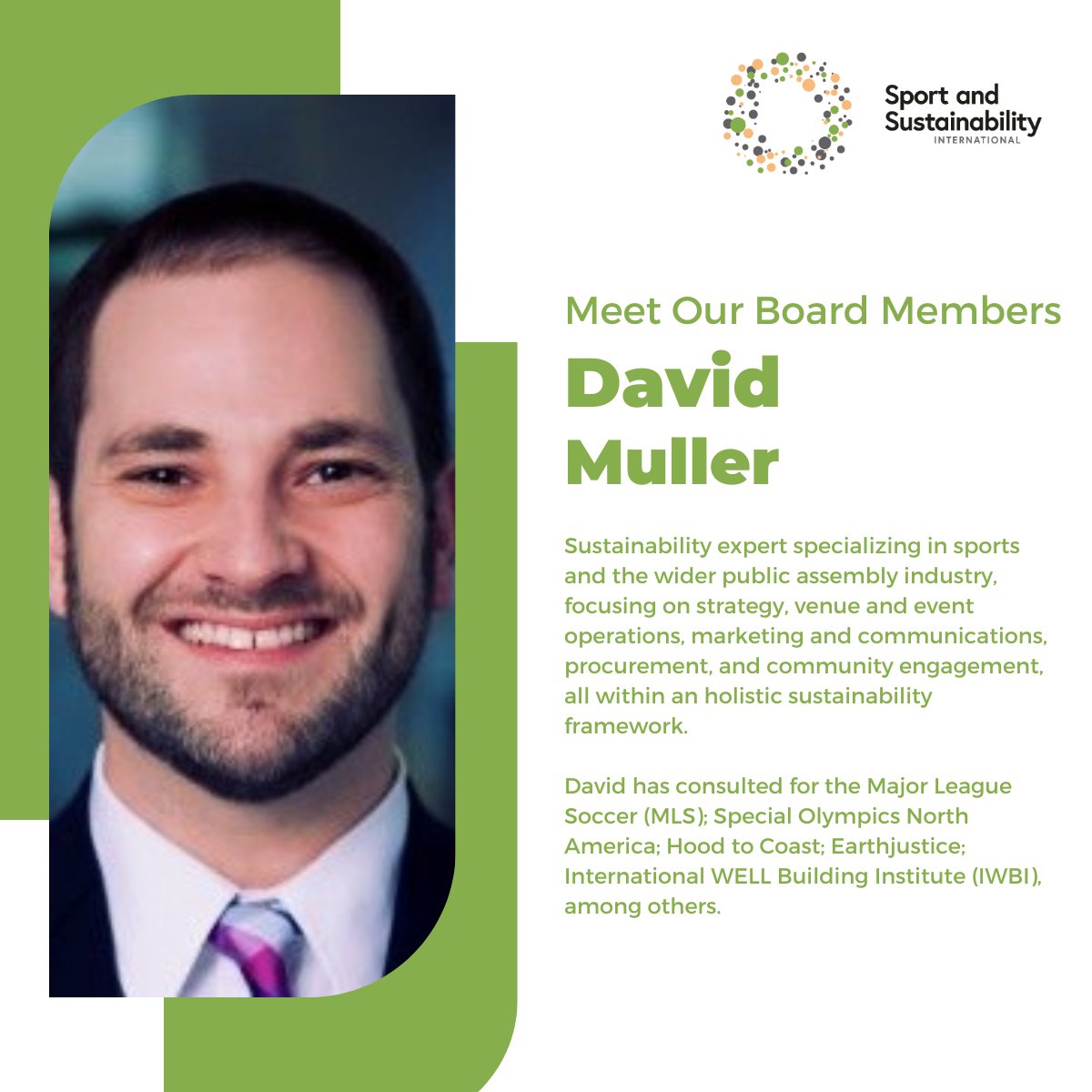 📢 Meet our Board Member: David Muller
David is a #Sustainability expert from Portland (OR, USA) specializing in #sports and the wider public assembly industry, focusing on strategy, venue and event operations, marketing and communications, procurement, and community engagement.