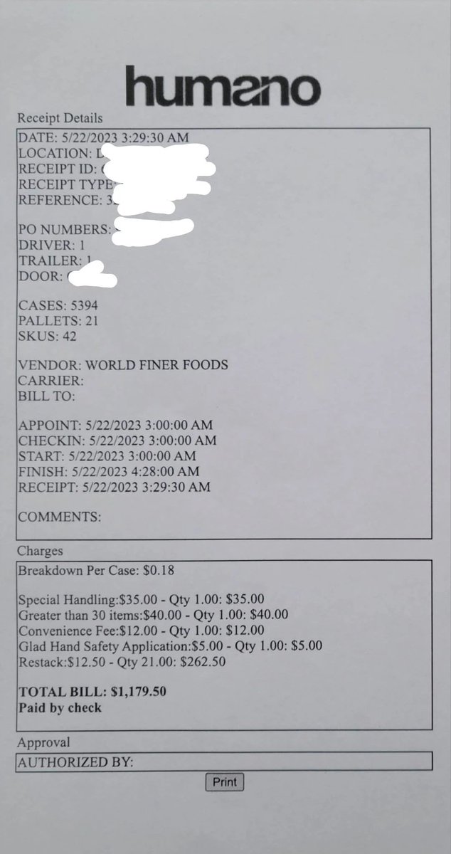 FWwhatthetruck's tweet image. Check out this lumper fee: $1,179.50 for an hour and a half of work? Easy money.
