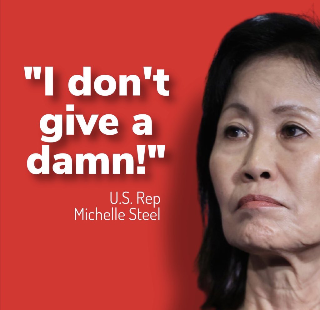 LarryTenney's tweet photo. In #CA45, Rep Michelle Steel's #MAGAdefault antics could force 7,300 constituents onto unemployment
Steel doesn't give a damn. She fights for her billionaire donors and votes against working class families 95% of the time https://t.co/czHLfNIuMj