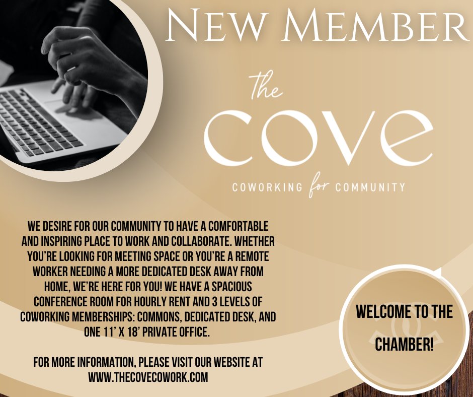 We are so excited to welcome @thecove to our chamber! There are lots of benefits to joining a coworking space and this one is especially special as it will be in the heart of our downtown. Contact The Cove for more information or to get signed up!