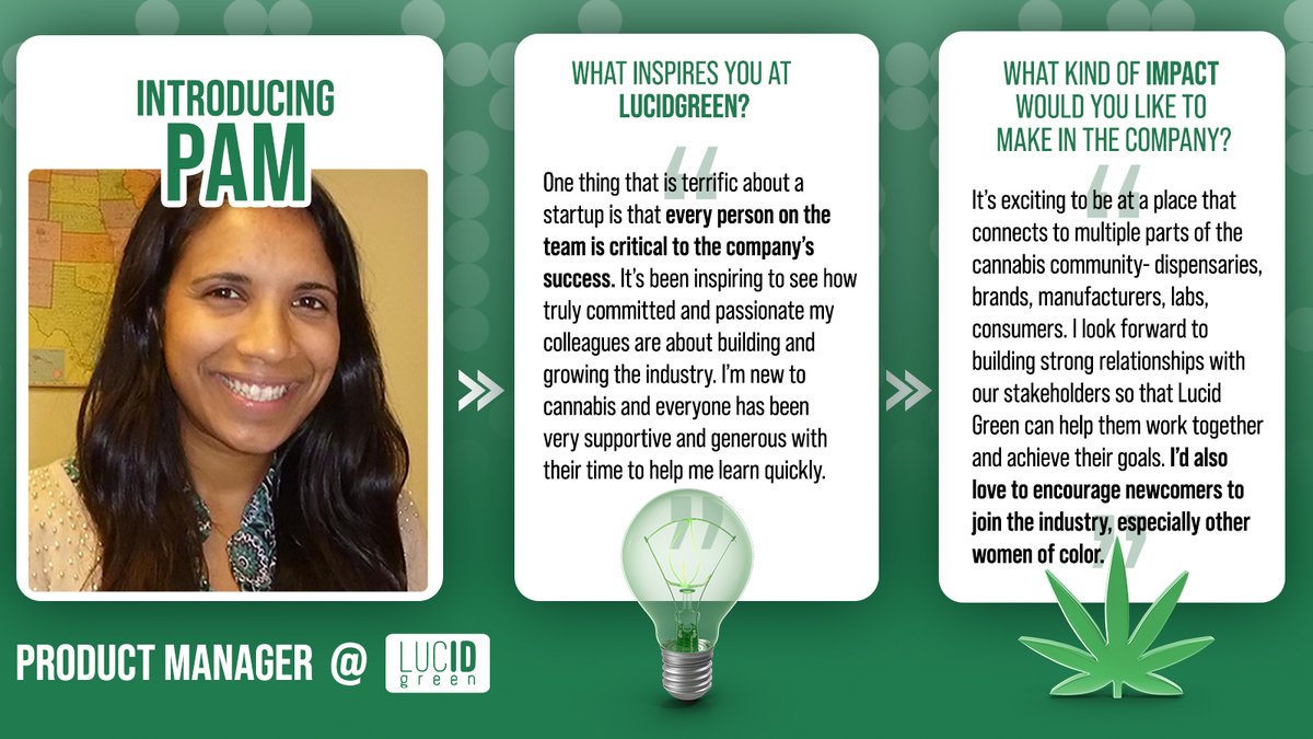 Meet Pam, our newest superstar Product Manager! 

Together, we'll navigate this dynamic industry and achieve great success. 

Get ready to shine, Pam! 🚀

Show her support in the comments 🌹👇

#LucidGreen #LucidID #CannabisIndustry  #EmployeeSpotlight #NewHire #ProductManager