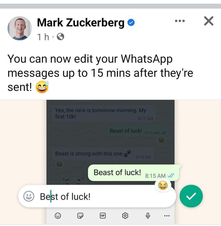 MdKarimDidar's tweet photo. Now you can edit sending message in 15 minutes in WhatsApp.
#WhatsApp #BreakingNews #instagramdown https://t.co/GL03OlmCVZ