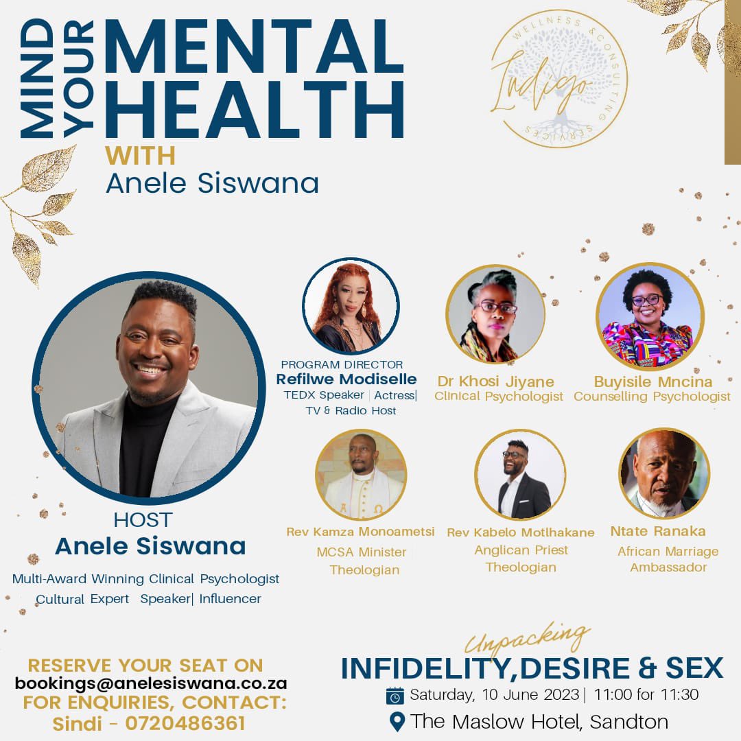 AneleSiswana1's tweet photo. BOOK YOUR TICKET TODAY!

Join @AneleSiswana1 on the 10th June with a line up of experts unpacking INFIDELITY, DESIRE &amp; SEX. 
Tickets: R950pp | R1750 couple incl. access to the seminar &amp; refreshments.
All details on the poster.
#MindYourMentalHealth 
@vanillablaq 
@ricky_N21 https://t.co/lNA1ct8UE7