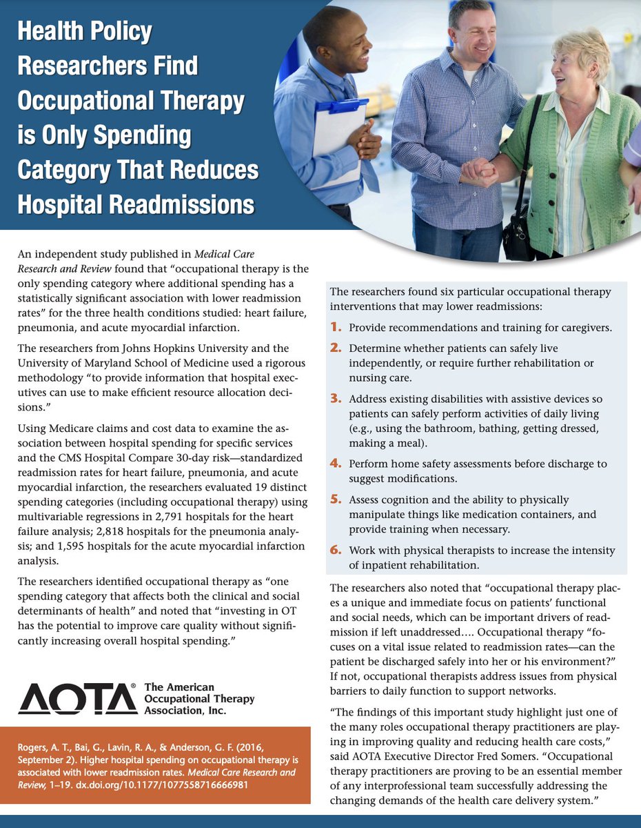 theOThub's tweet image. ⭐️ 'An independent study published in Medical Care Research and Review found that "#OccupationalTherapy is the only spending category where additional spending has a statistically significant association with lower readmission rates" for... heart failure, pneumonia and acute MCI'