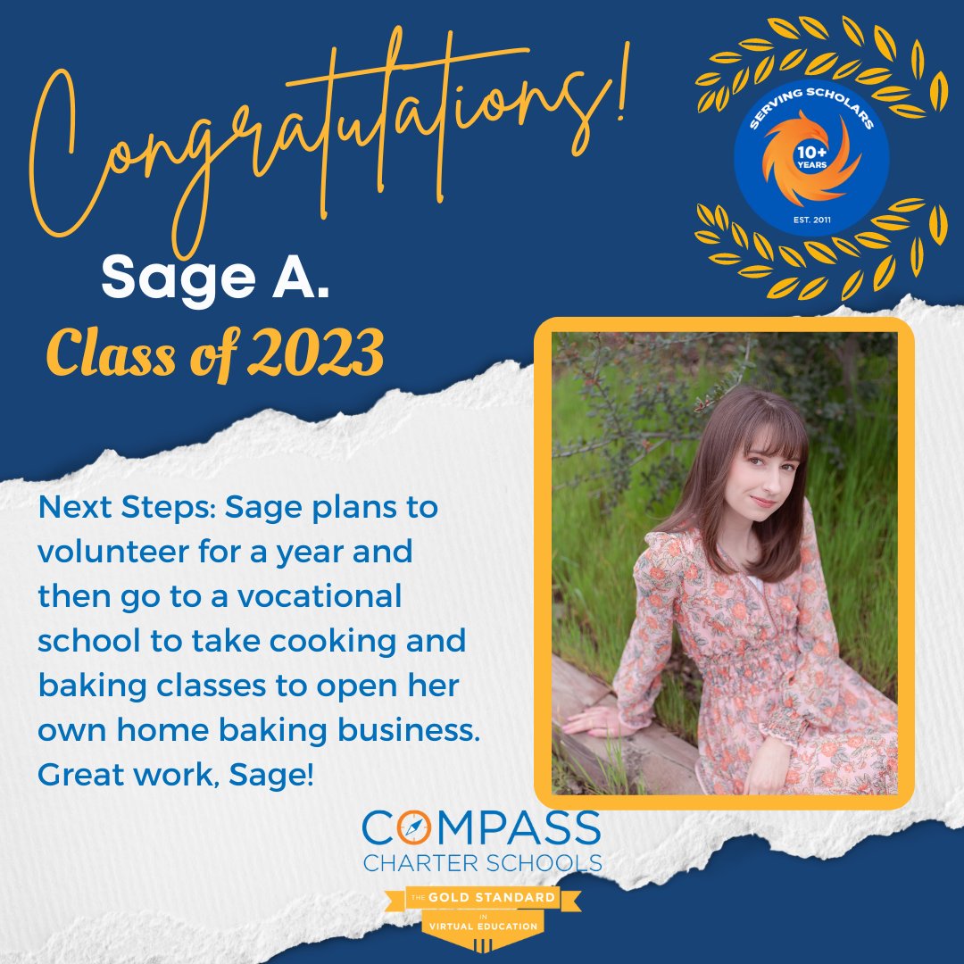 #RT @CompassCs: Congratulations to Sage! She plans to volunteer for a year and then go to a vocational school to take cooking and baking classes to open her own home baking business. Great work, Sage! 

#CompassExperience #Classof2023 #NextChapterReady #…