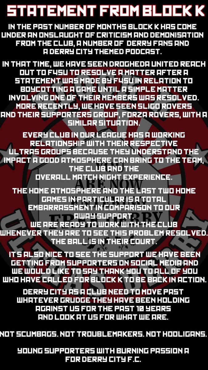 SkintHillPod's tweet photo. A statement by the Block K boys. It will be an interesting few days hopefully a suitable outcome will be reached between them &amp; the club. https://t.co/KAfcSlfRzw