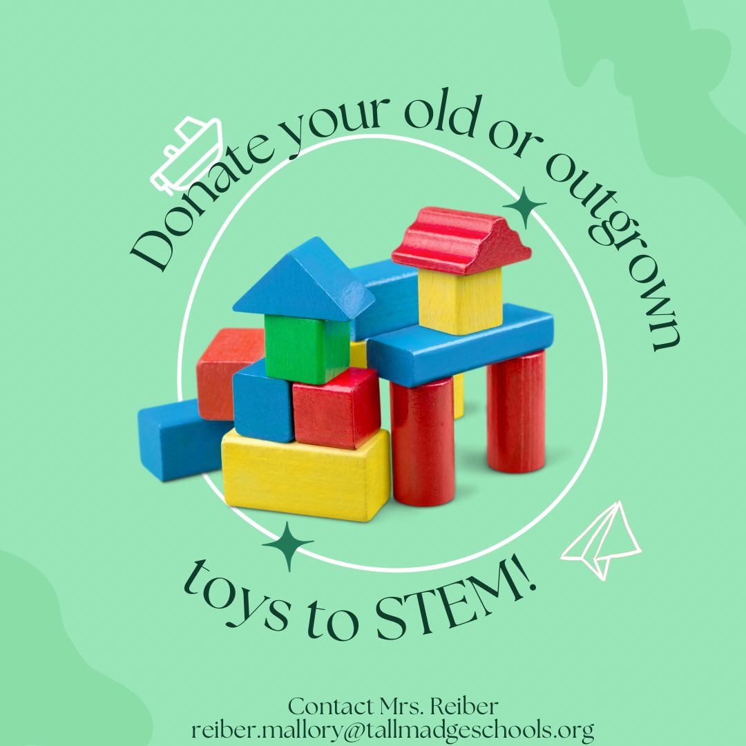 Thank you for supporting the #TallmadgeElementary K-4 STEM program this year! If you’re cleaning out over summer, we could make use of unwanted old toys!
💛 marble run
💙 LEGO
💛 blocks
💙 dominoes
💛 play-doh
💙 Lincoln logs
💛 magnetic tiles
💙 Tinker Toys
💛 interlocking gears