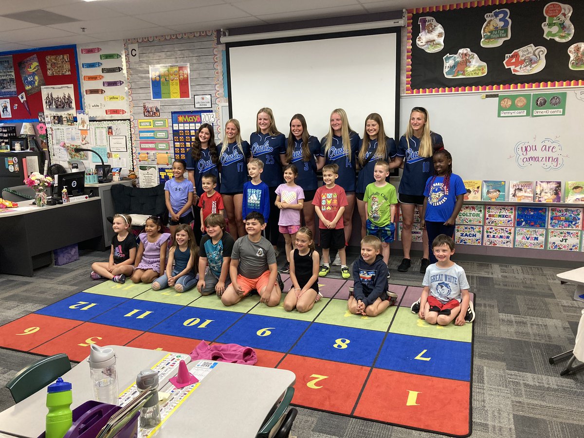 Olathe West State Bound Girls Softball Team made a SURPRISE visit to Mrs. Heineman”s 1st grade class!! Go Owls Go!!