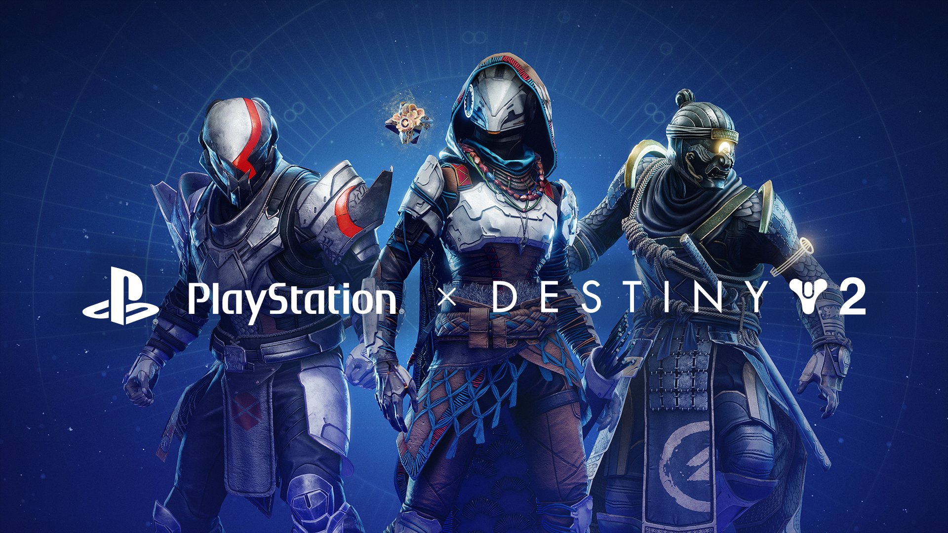 Three Guardians on a Blue background with the logos for PlayStation x Destiny 2.