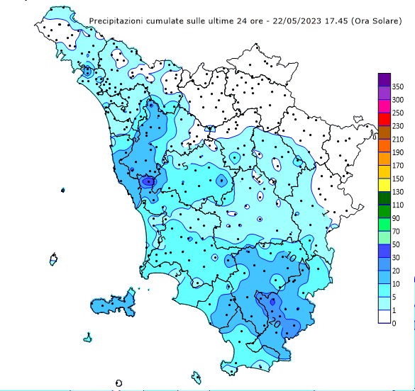 Monitoraggio precipitazioni Toscana - #allertameteoTOS - 22/05/2023 19:00 - CFR Toscana - cfr.toscana.it/index.php?IDS=…