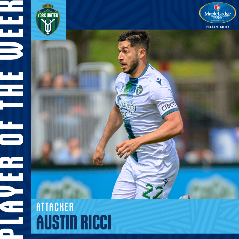 CPLsoccer's tweet photo. After another big performance for the Nine Stripes, @yorkutdfc's @AustinRicci10 is the CPL Player of the Week, presented by @MapleLodgeFarms 🟢

#CanPL https://t.co/VETkCMWXns
