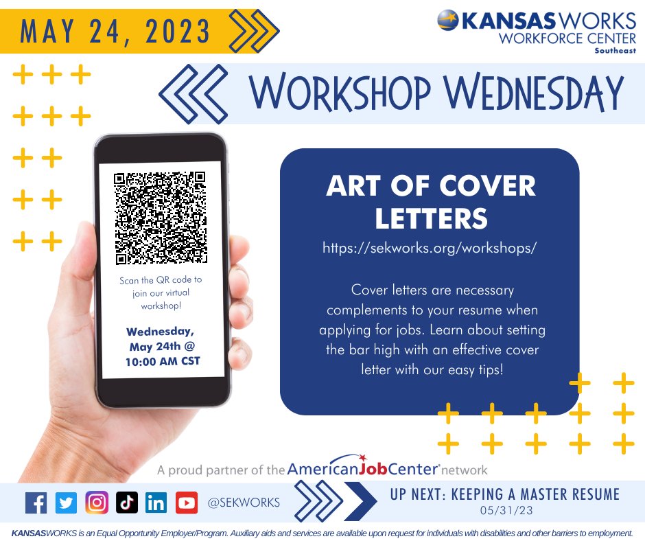 It's almost time for another #WorkshopWednesday! Join us on May 24th @ 10:00am to learn more about crafting the perfect cover letter! Visit sekworks.org/workshops for more information!