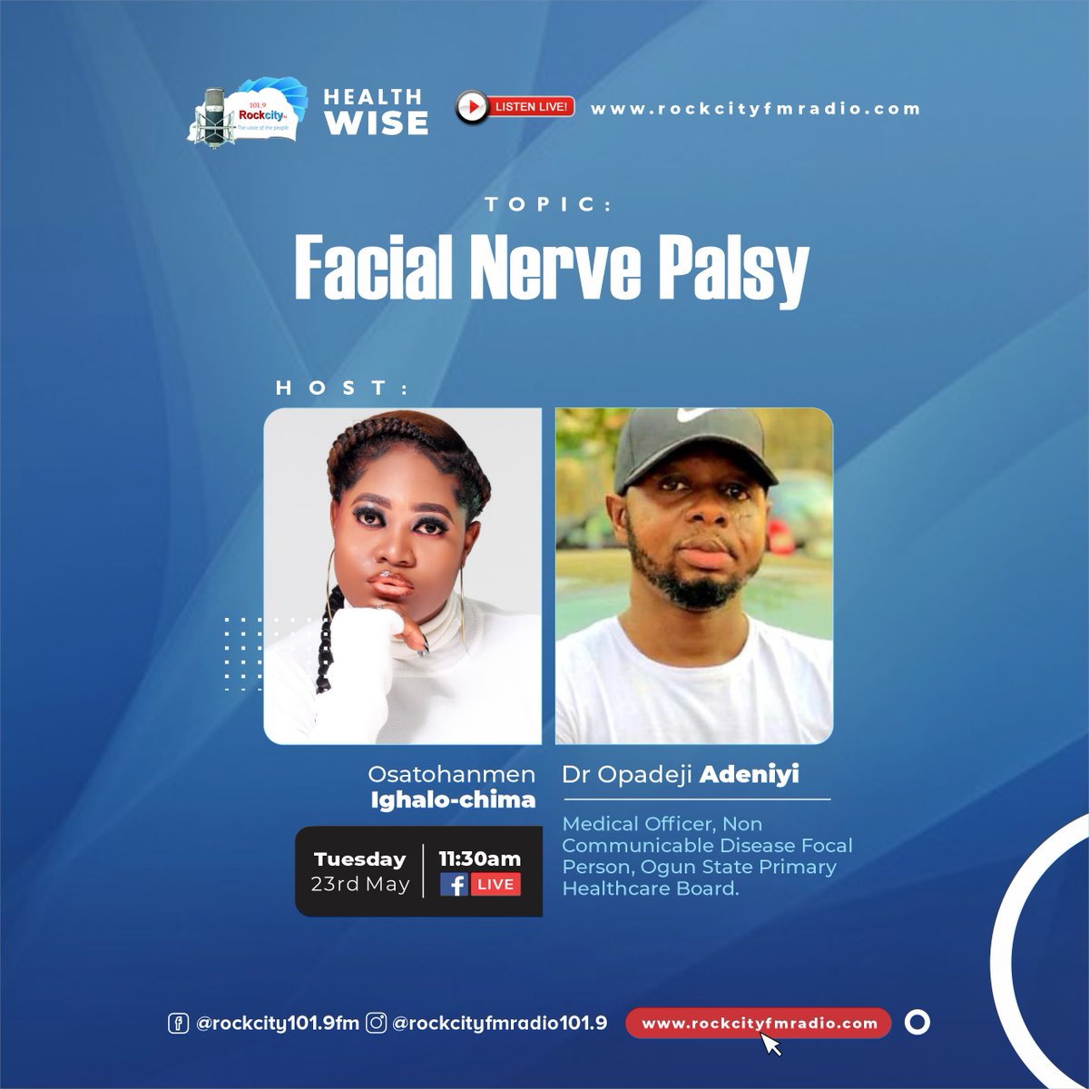 Join @_radiopepper on #healthwise on Tues 23rd May at 11:30am to discuss 'Facial Nerve Palsy'

Guest: Dr. Opadeji Adeniyi (Medical Officer, Non-communicable Disease Focal Person, Ogun State Primary Healthcare Board)

#facials #facialnerve #facialpalsy #health