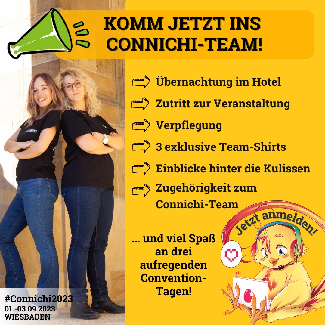 Komm und werde Teil unseres fantastischen #Connichi-Teams! 🎉 Wir suchen ehrenamtliche
Unterstützung für die #Connichi2023 &amp; bieten einige tolle Vorteile!

Jetzt anmelden unter 👉connichi.de/team

Wir freuen uns auf dich!🙌

#ConnichiTeam #Ehrenamt #Animexx