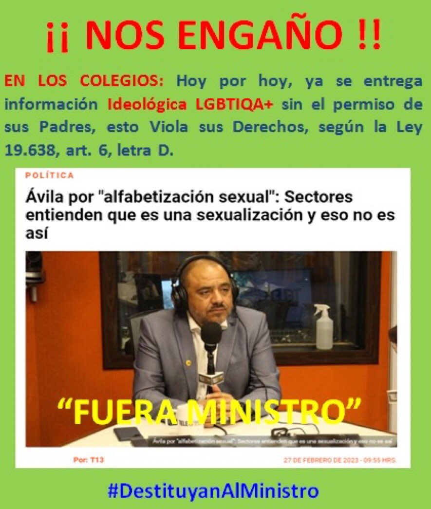 🔴YA PATRIOTAS📣
Me sumo al Twuitazo de hoy con muchas ganas! y uds ayuden para llegar a tendencia y sobre todo Rt para que todo el 🌍 sepa q 🇨🇱 quiere:
#DestitucionAlMinistro 
No podemos permitir q un Personaje siniestro adoctrine a nuestros hijos con una ley ya rechazada ESI😡