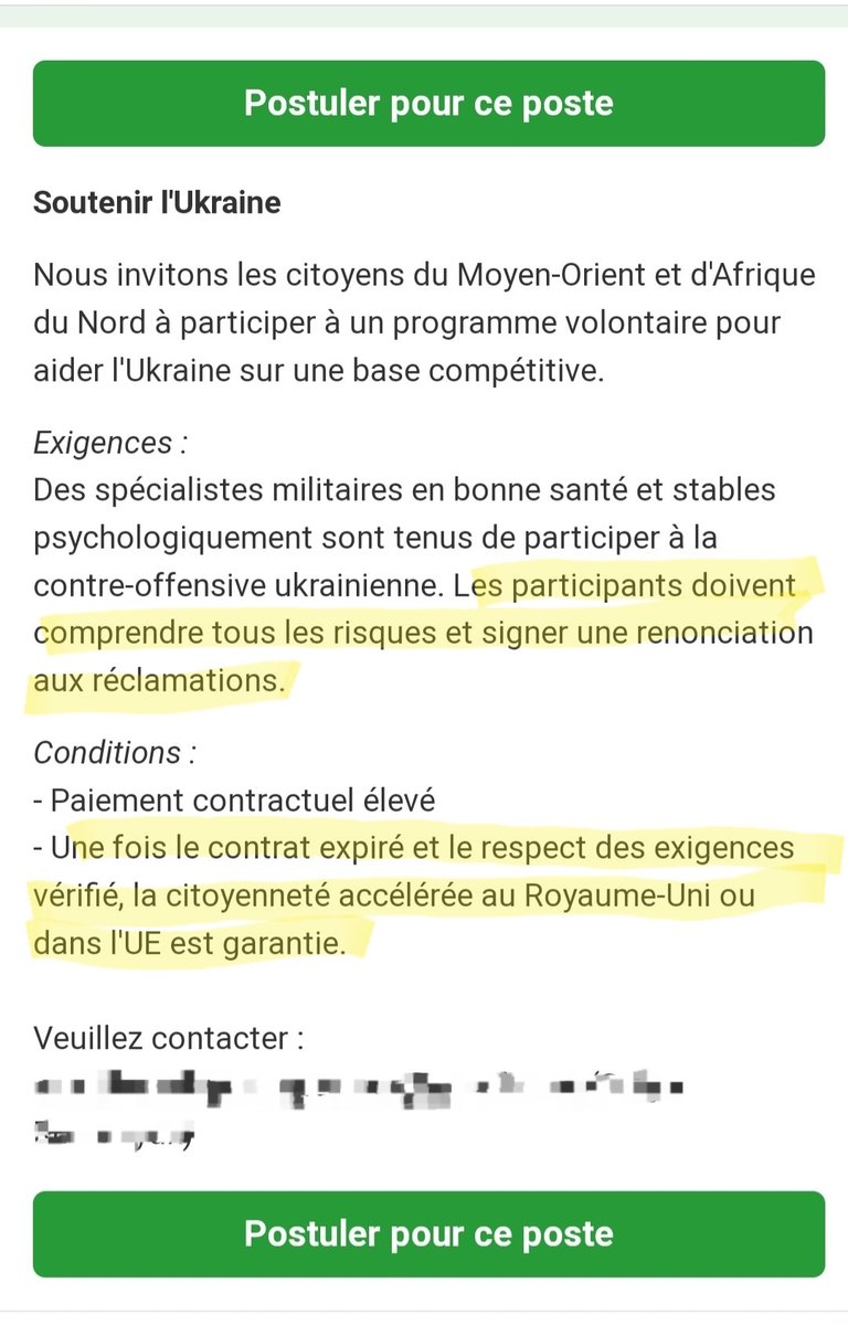 🇺🇦 FLASH - Une étrange offre d'emploi propose aux citoyens d’Afrique du Nord et du Moyen-Orient de participer à un « programme volontaire » en Ukraine.

À la fin du contrat, les « volontaires » (s'ils sont toujours vivants) peuvent obtenir la citoyenneté d’un pays Européen.