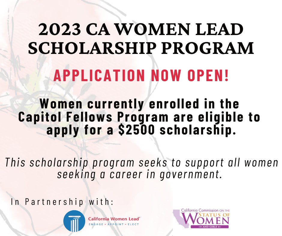 APPLICATIONS NOW OPEN for the <a href="/CaWomenLead/">CA Women Lead</a> and <a href="/CCSWG/">CA Commission on the Status of Women and Girls</a> scholarship program for women in the Capitol Fellows Programs <a href="/CapFellowsCSUS/">Capital Fellows</a> <a href="/CapFellowsAlum/">Capital Fellows Alumni Association</a> <a href="/AssemblyFellows/">Jesse M. Unruh Assembly Fellows</a>  - Learn more and apply here: 
docs.google.com/forms/d/e/1FAI…