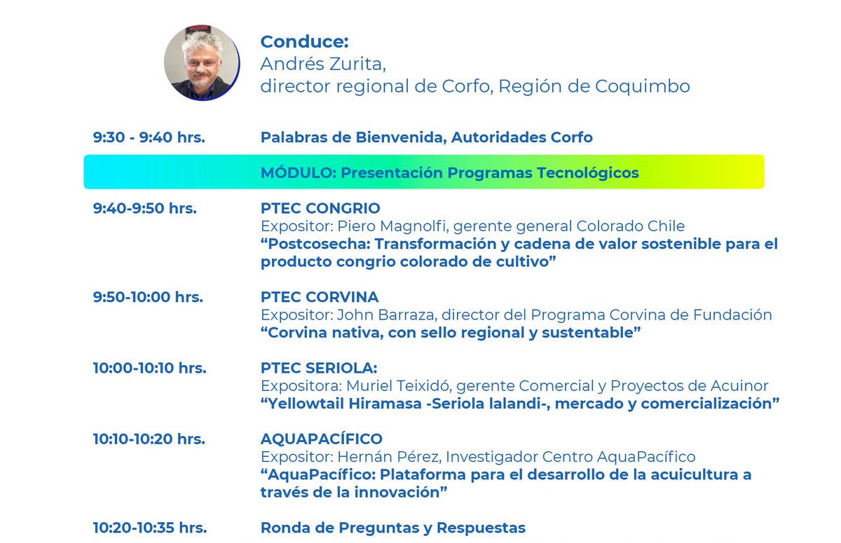 Corfo's tweet photo. 📅 Este miércoles nos reunimos a través del canal de YouTube de Corfo, en lo que será el #SummitAcuícola 🐟 2023, organizado por los programas tecnológicos de la zona norte. Revisa los horarios, speakers e iniciativas que serán parte y conéctate acá ➡ https://t.co/5z0OUenIuP https://t.co/oVujll4QG9