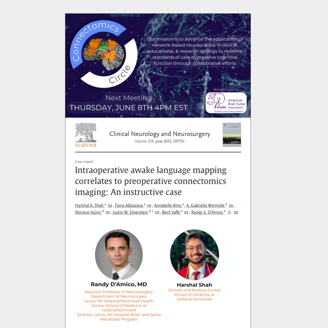 <a href="/RandyDAmico_MD/">Randy D'Amico, MD</a> &amp; <a href="/shaharshal99/">Harshal Shah</a> to present at the next meeting!  #connectomics #Neurosurgery #Networks #neuroscience #neuromonitoring <a href="/theABTA/">American Brain Tumor Association</a> <a href="/LenoxNeurosurg/">Lenox Hill Neurosurgery</a> 

Register to become a member.  Link in profile