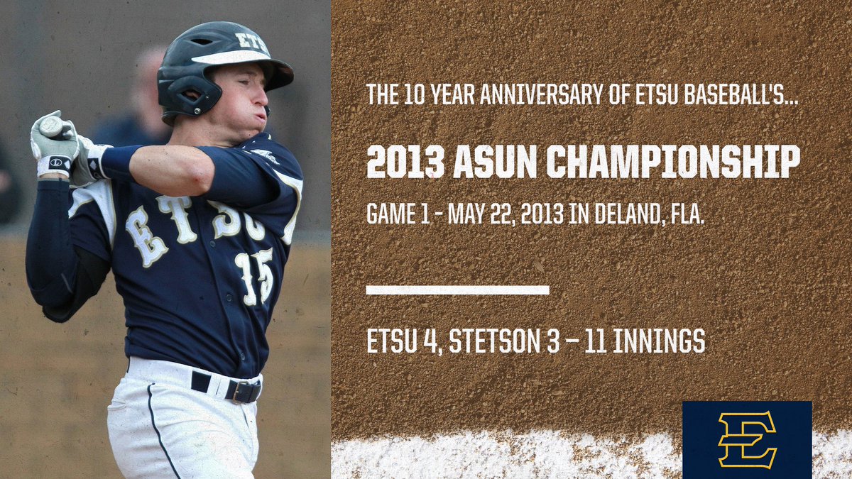 ETSU_Baseball's tweet photo. This week marks the 10 year anniversary of our 2013 ASUN Championship ‼️

Over the next few days, we will highlight ETSU's historic title run - starting with a first round win over Stetson thanks to walk-off single by local product Alex Reynolds!

📰: https://t.co/fqs5mH1XVX https://t.co/AYkwekBCLw
