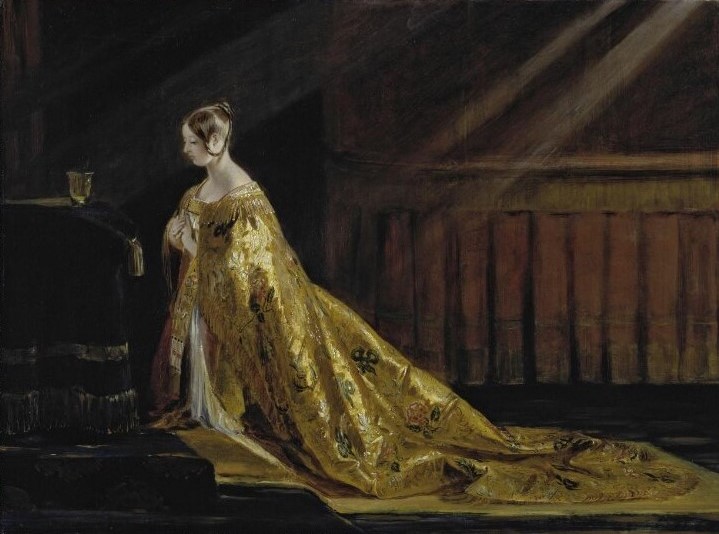 Again for #VictoriaDay - here's a painting of Queen Victoria by Charles Robert Leslie. Unlike most portraits of monarchs, this shows her at prayer in her coronation robes at Westminster Abbey's altar. It reveals Leslie's skill to combine the personal & historic in a single scene.